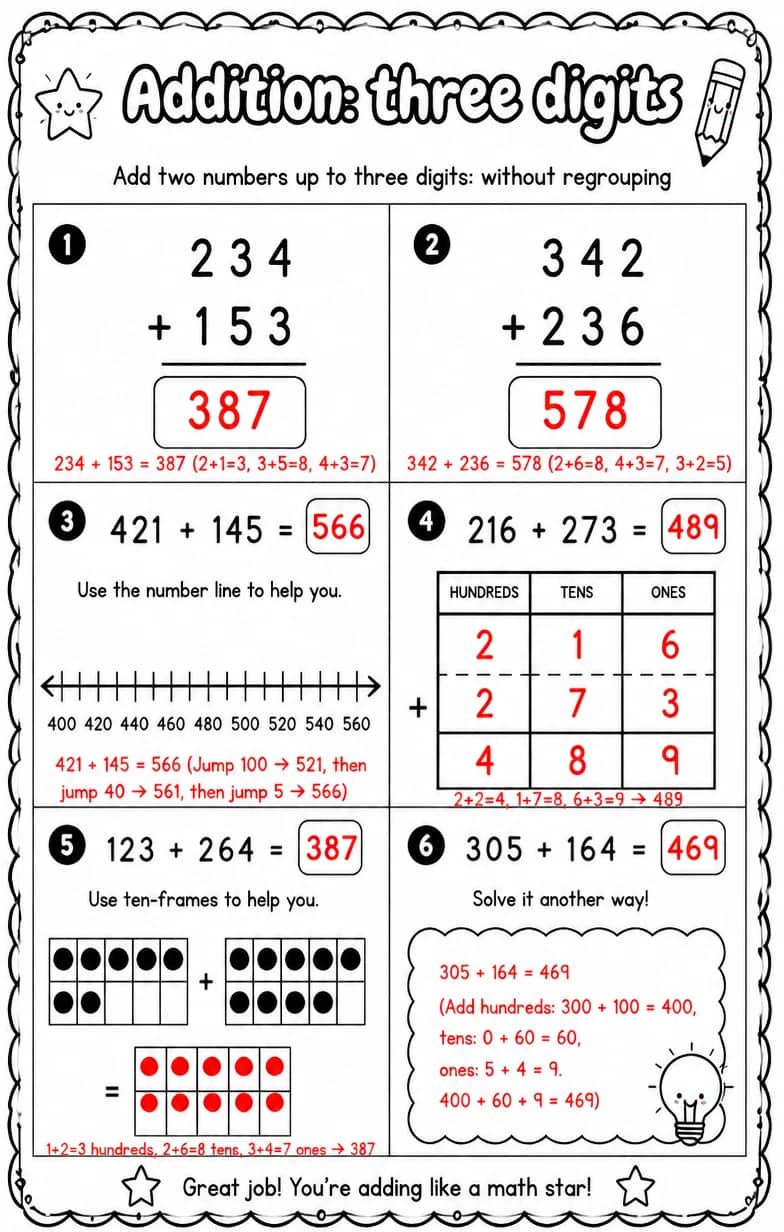 Answer key for Add two numbers up to three digits: without regrouping — free printable Math worksheet