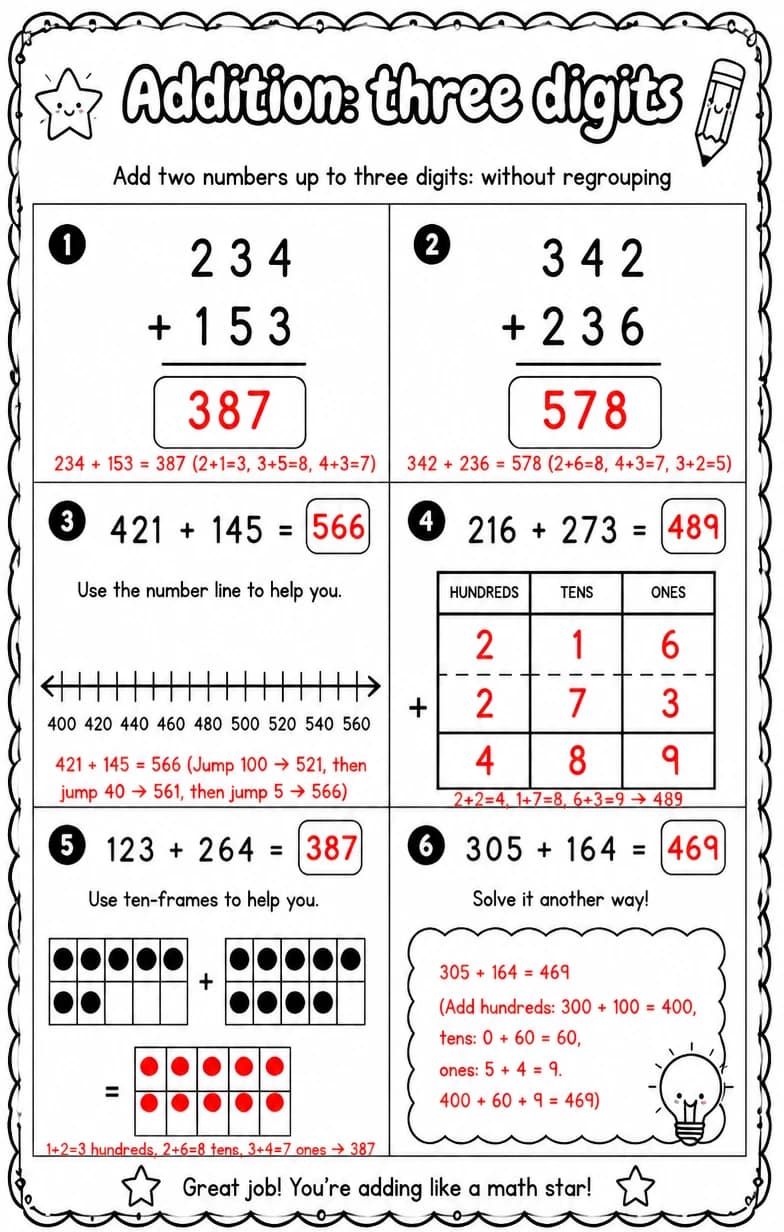 Answer key for Add two numbers up to three digits: without regrouping — free printable Math worksheet