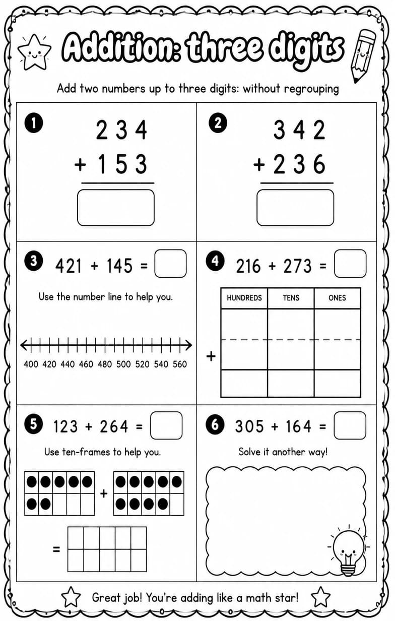 Add two numbers up to three digits: without regrouping — free printable Grade 3 math worksheet
