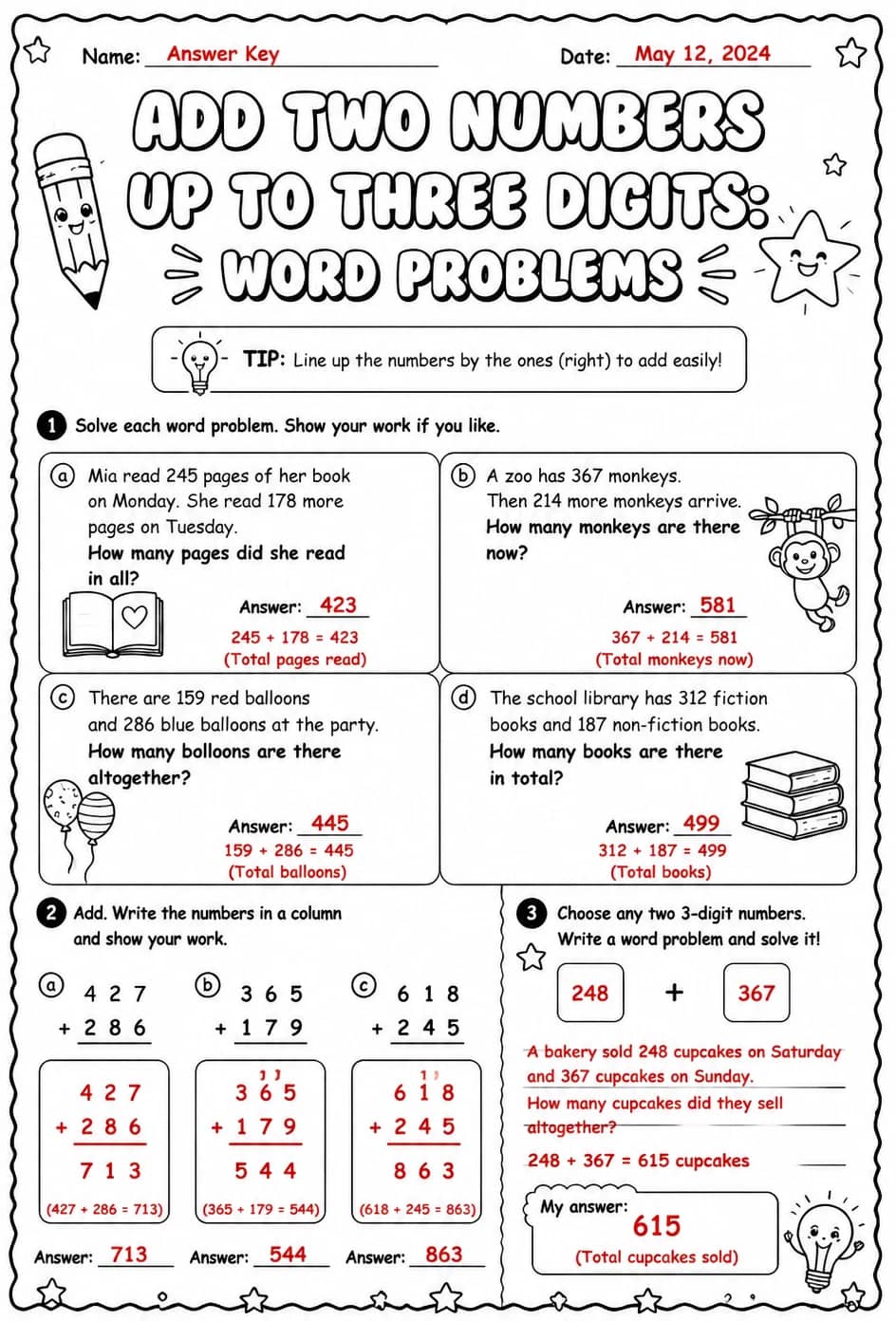 Answer key for Add two numbers up to three digits: word problems — free printable Math worksheet