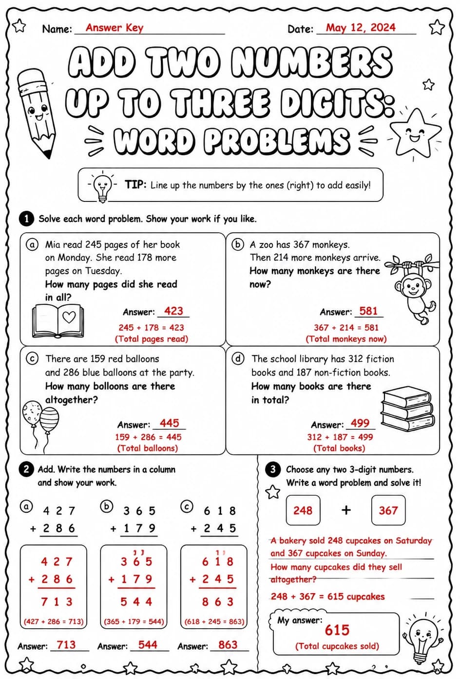 Answer key for Add two numbers up to three digits: word problems — free printable Math worksheet