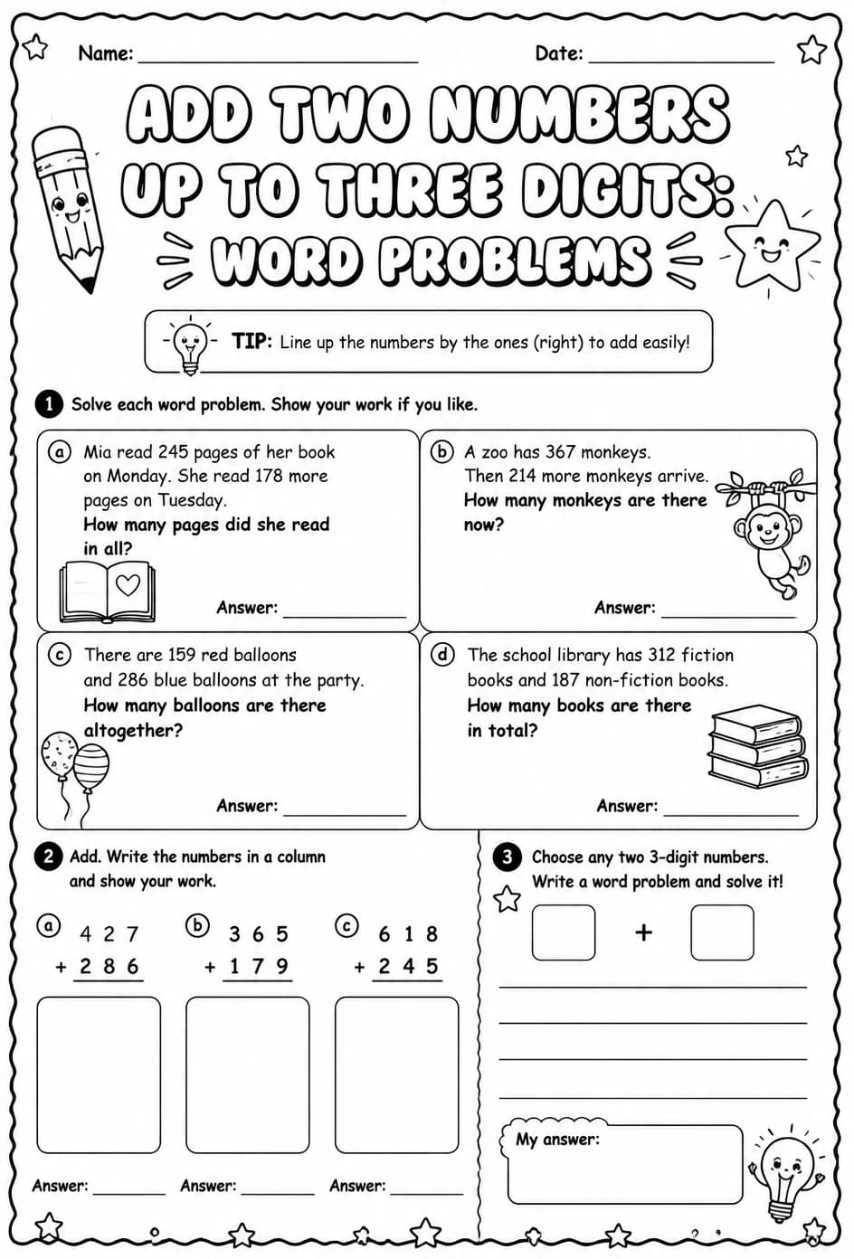 Add two numbers up to three digits: word problems — free printable Grade 3 math worksheet