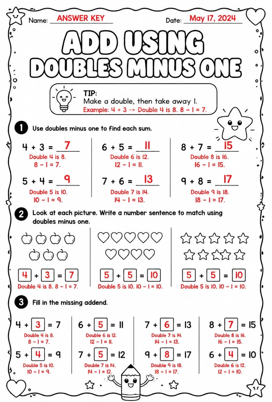 Answer key for Add using doubles minus one — free printable Math worksheet