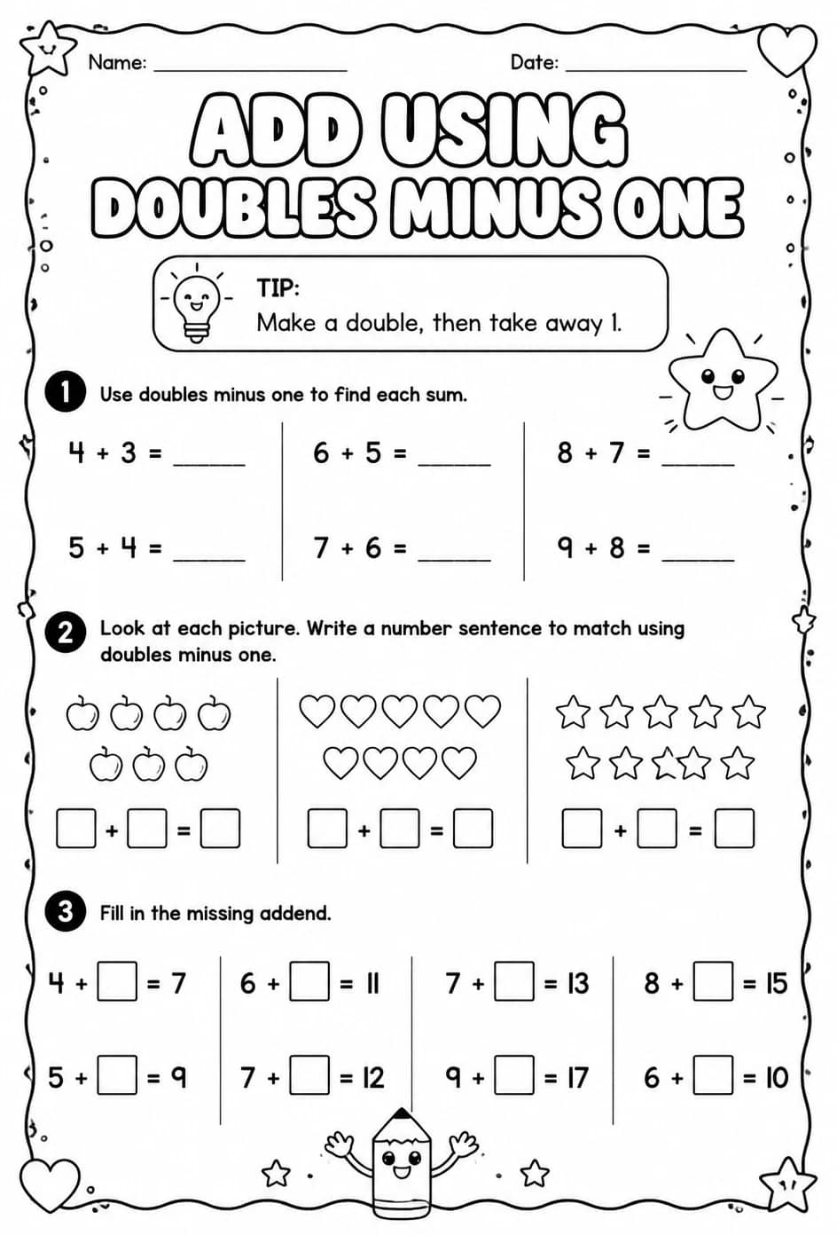 Add using doubles minus one — free printable Grade 1 math worksheet