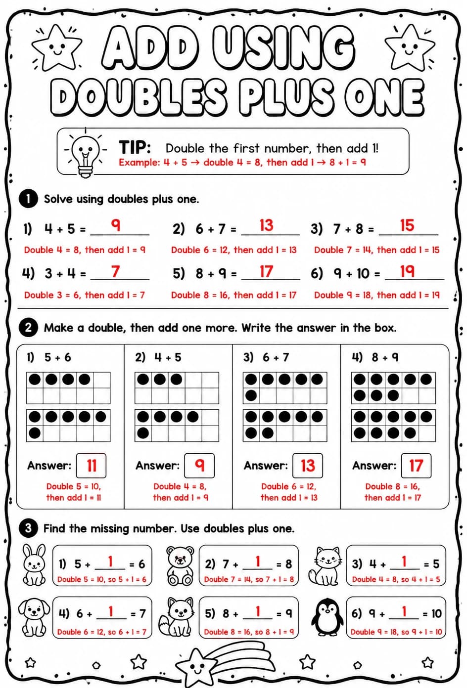 Answer key for Add using doubles plus one — free printable Math worksheet