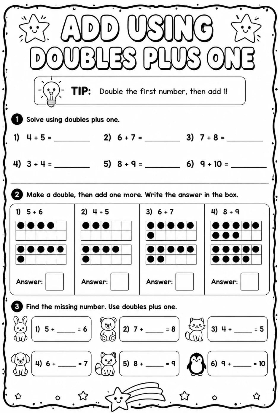 Add using doubles plus one — free printable Grade 1 math worksheet