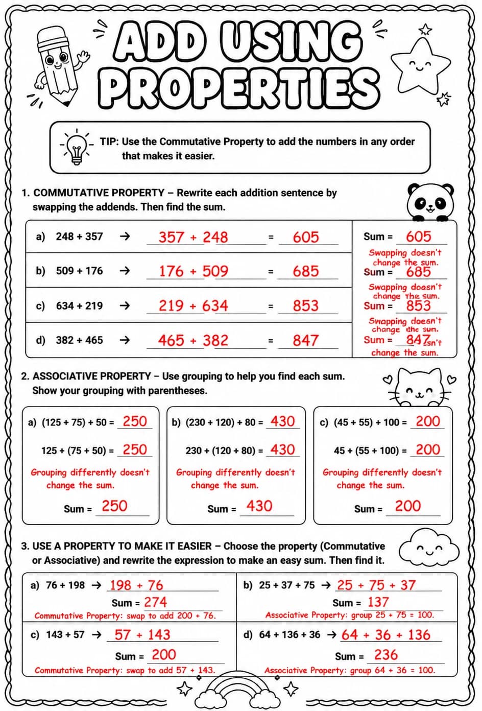 Answer key for Add using properties — free printable Math worksheet