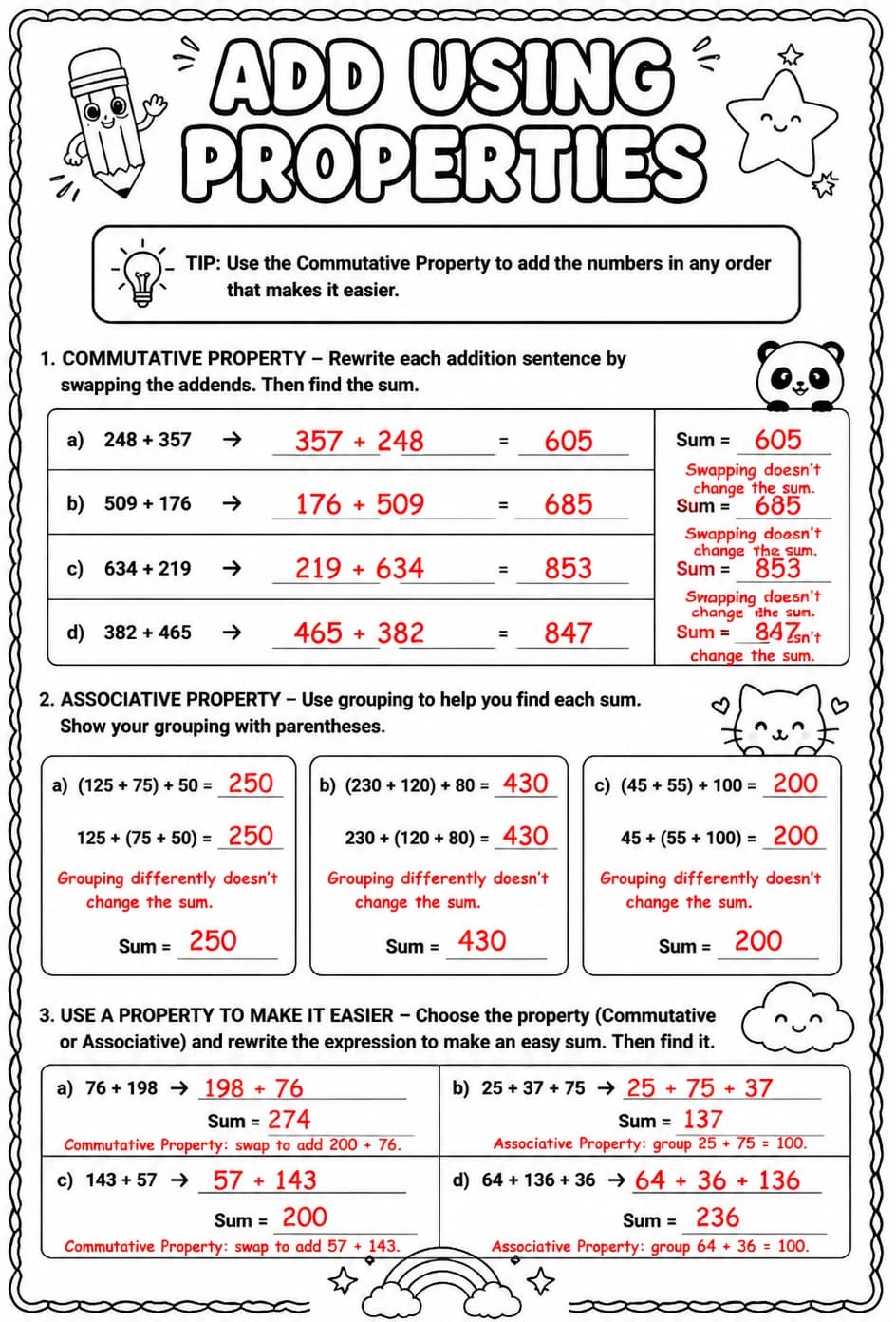 Answer key for Add using properties — free printable Math worksheet