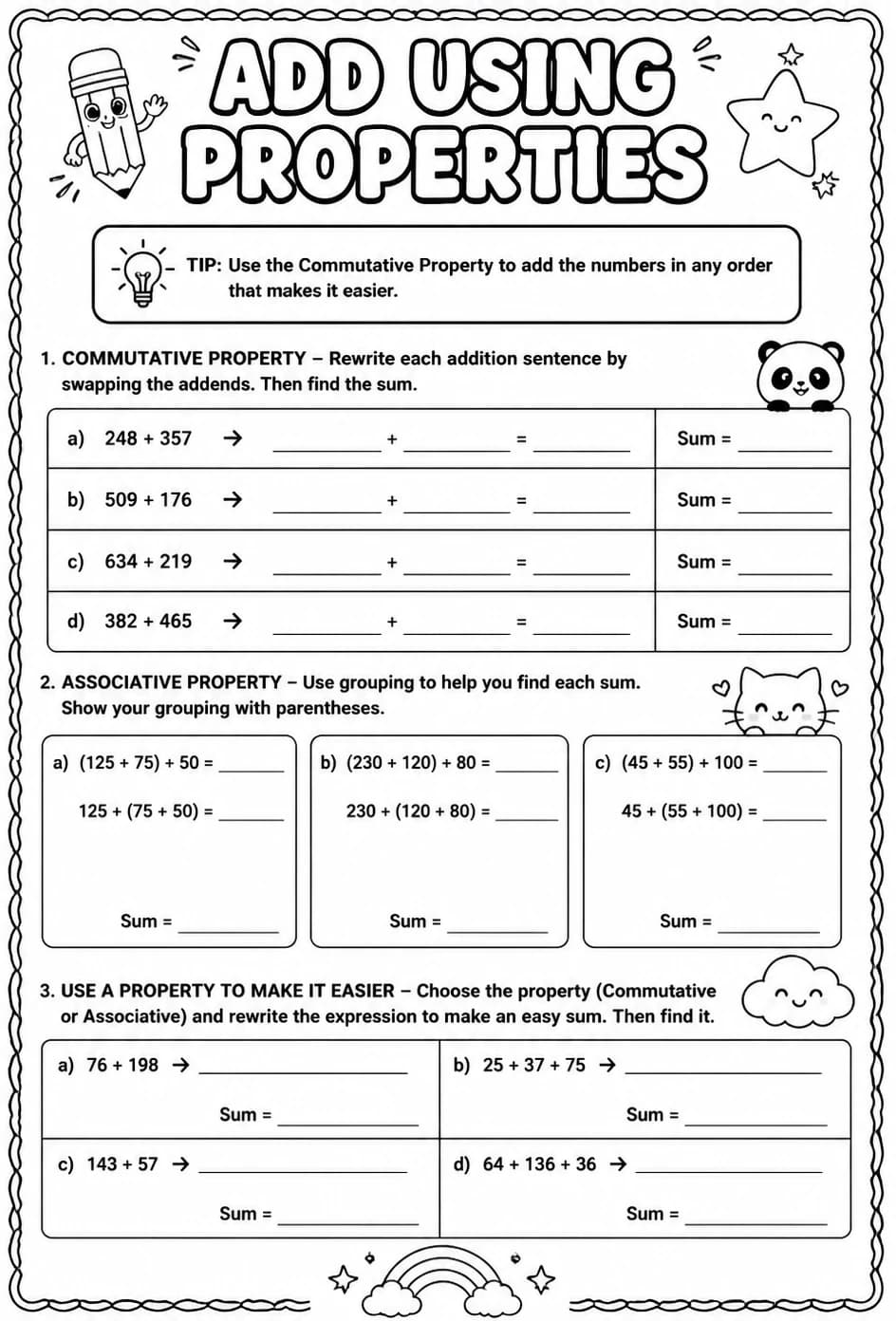 Add using properties — free printable Grade 3 math worksheet