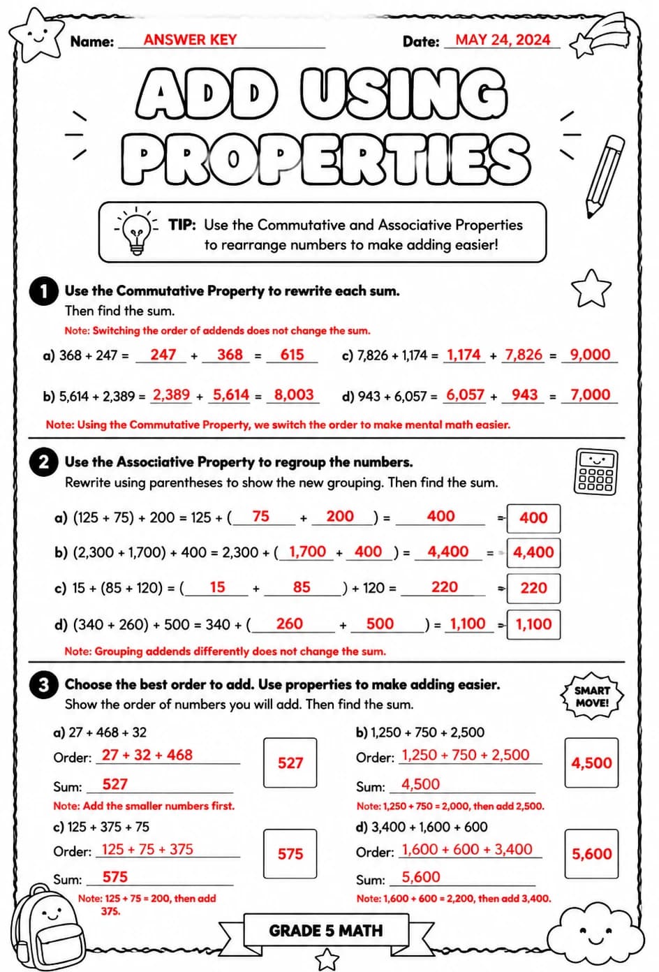 Answer key for Add using properties — free printable Math worksheet