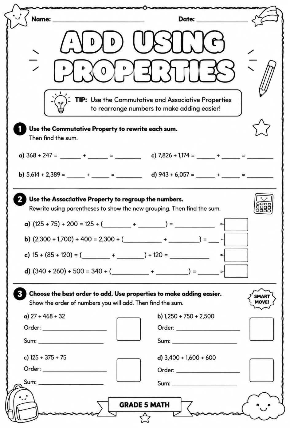 Add using properties — free printable Grade 5 math worksheet