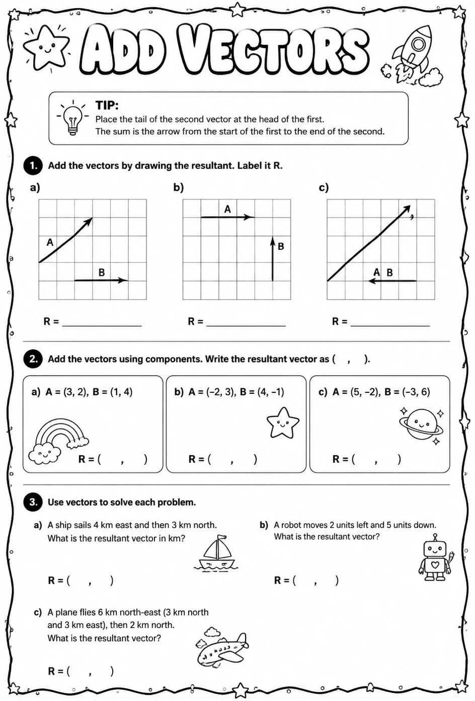 Add vectors — free printable Geometry math worksheet
