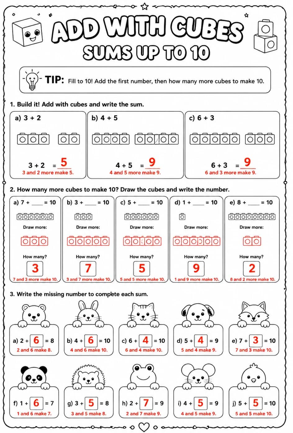 Answer key for Add with cubes - sums up to 10 — free printable Math worksheet