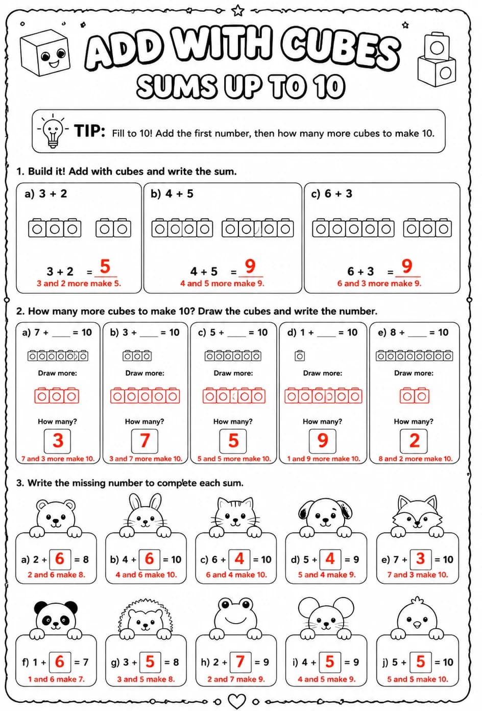 Answer key for Add with cubes - sums up to 10 — free printable Math worksheet