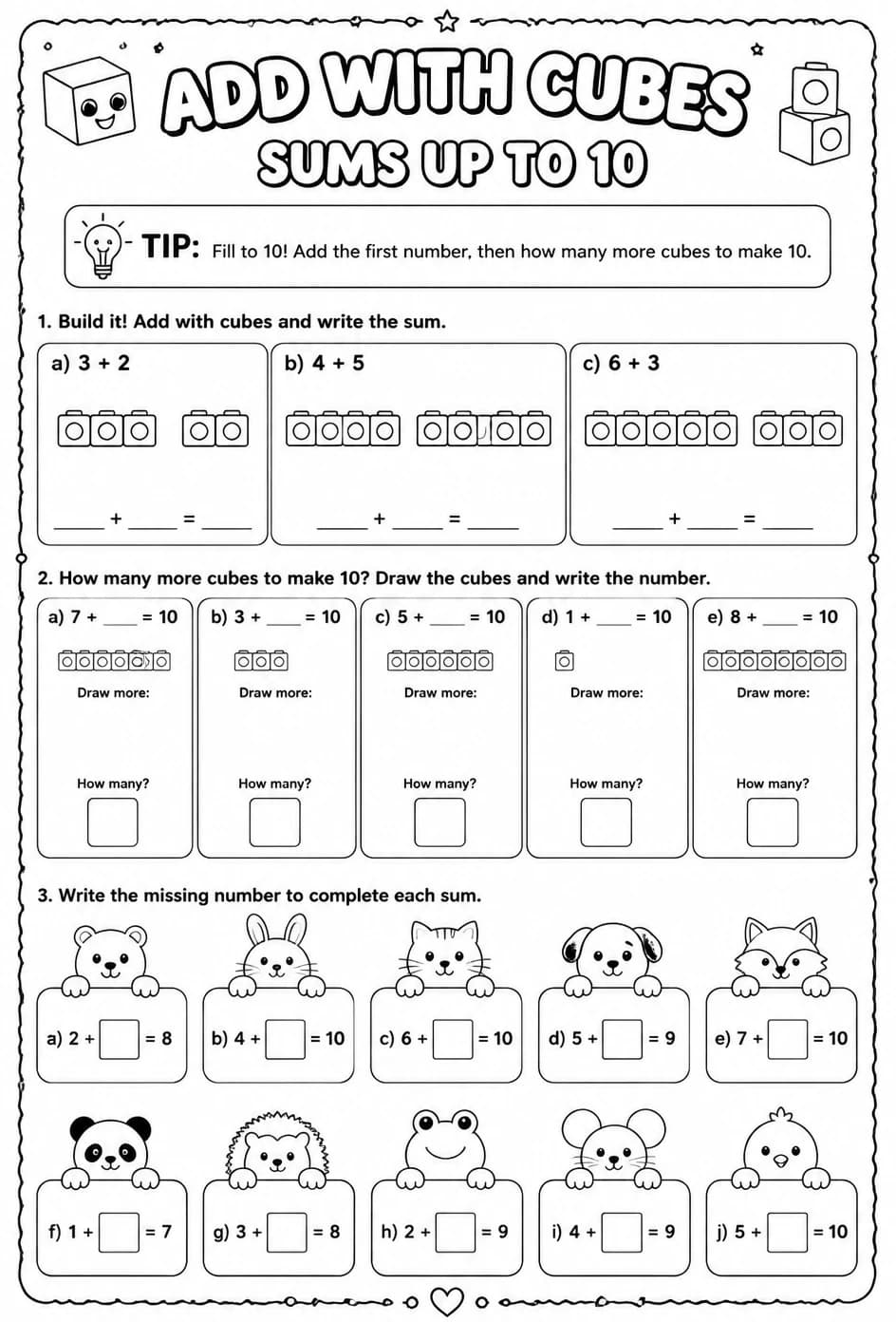 Add with cubes - sums up to 10 — free printable Grade 1 math worksheet