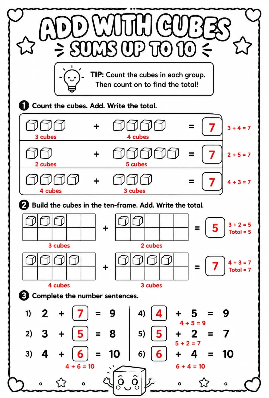 Answer key for Add with cubes - sums up to 10 — free printable Math worksheet