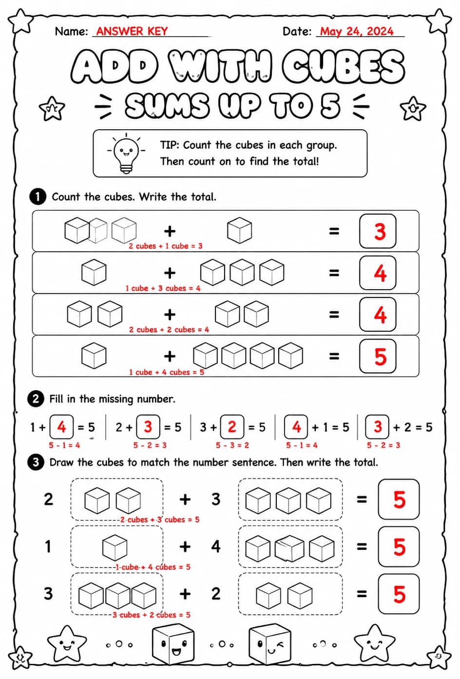 Answer key for Add with cubes - sums up to 5 — free printable Math worksheet