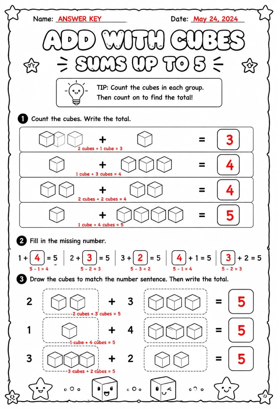Answer key for Add with cubes - sums up to 5 — free printable Math worksheet