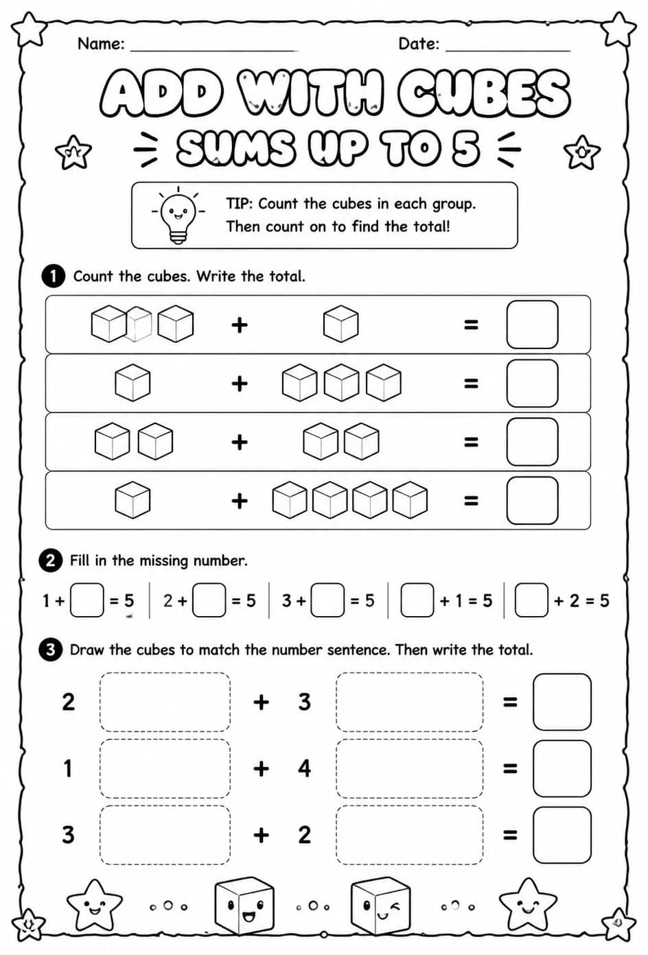 Add with cubes - sums up to 5 — free printable Pre-K math worksheet