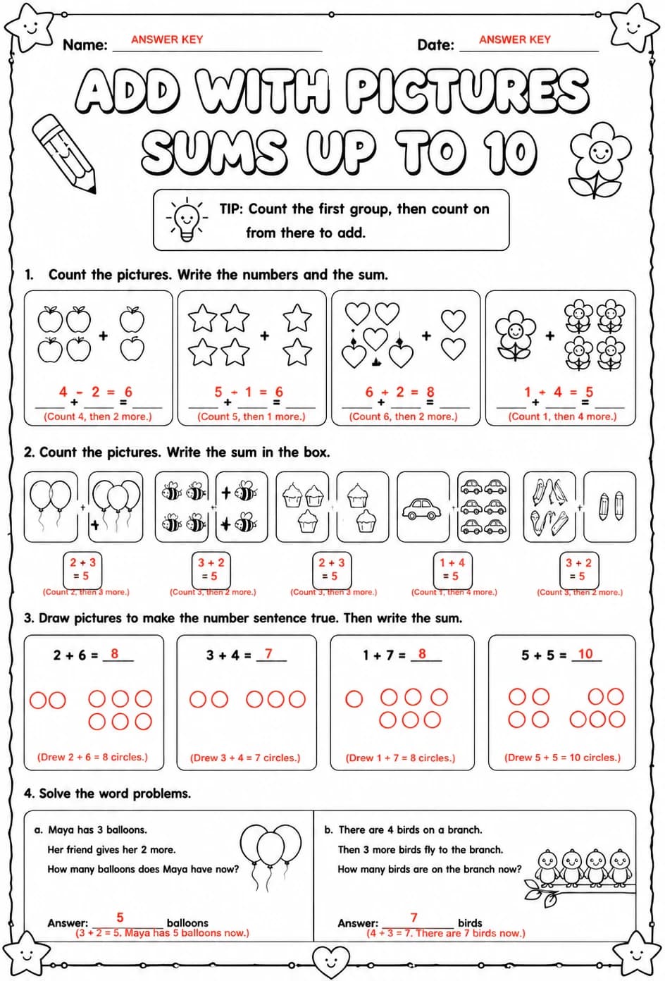 Answer key for Add with pictures - sums up to 10 — free printable Math worksheet