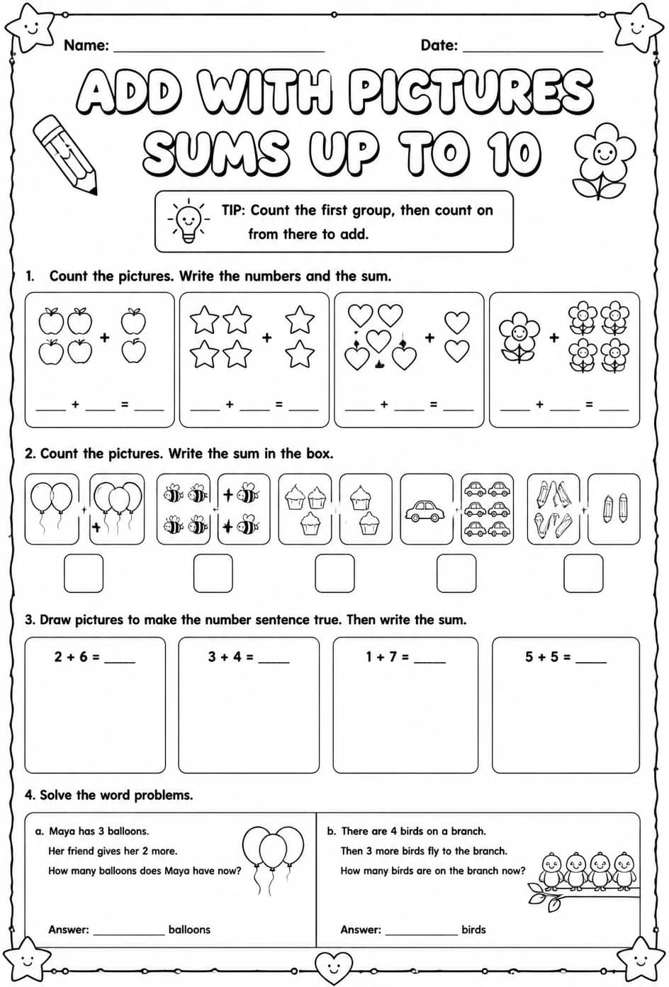 Add with pictures - sums up to 10 — free printable Grade 1 math worksheet
