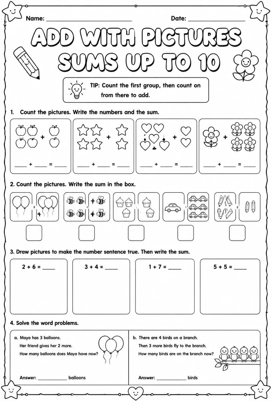 Add with pictures - sums up to 10 — free printable Grade 1 math worksheet