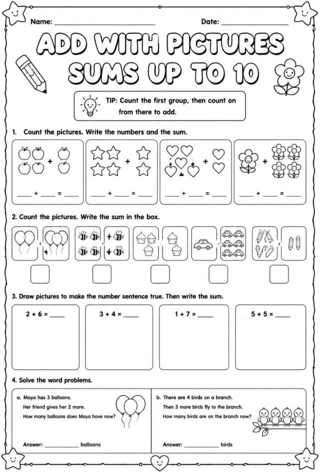 Add with pictures - sums up to 10