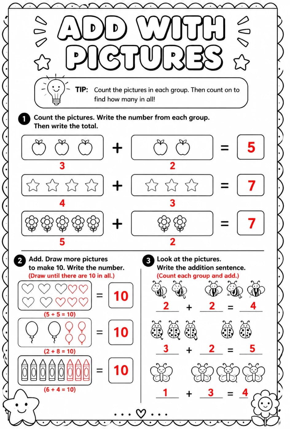 Answer key for Add with pictures - sums up to 10 — free printable Math worksheet