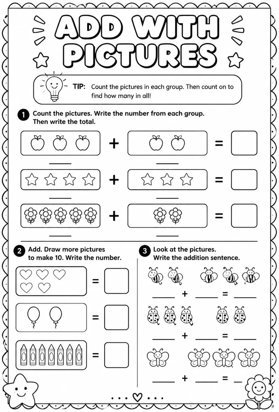 Add with pictures - sums up to 10 — free printable Pre-K math worksheet