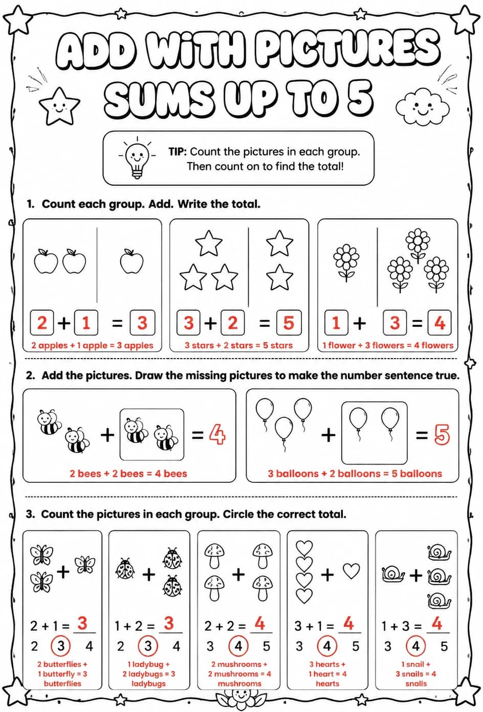Answer key for Add with pictures - sums up to 5 — free printable Math worksheet