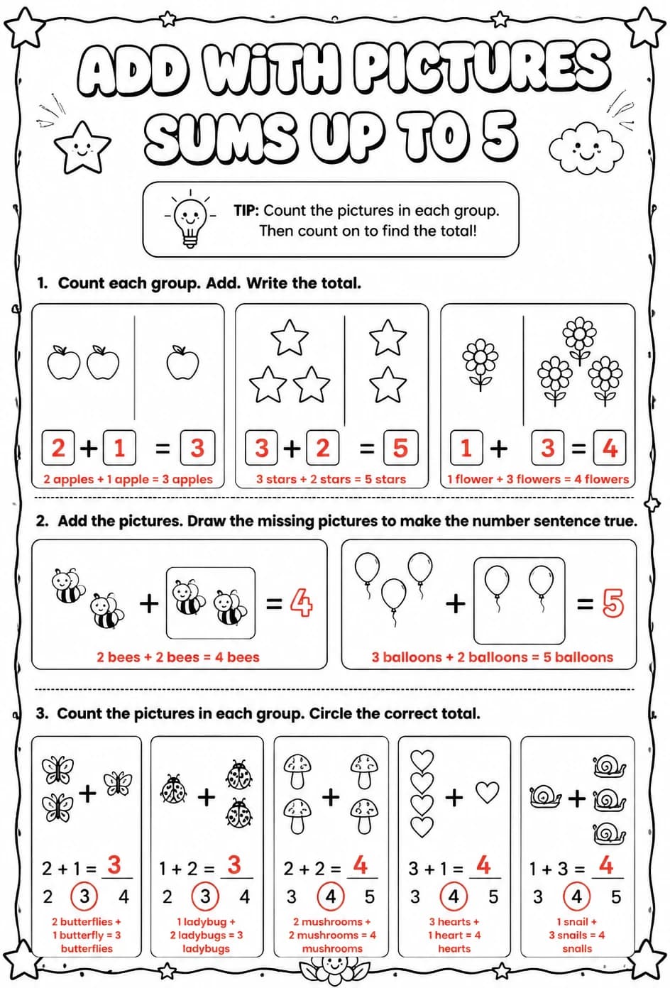 Answer key for Add with pictures - sums up to 5 — free printable Math worksheet
