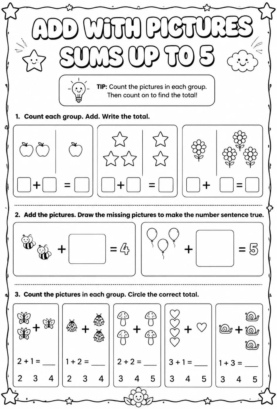 Add with pictures - sums up to 5 — free printable Pre-K math worksheet