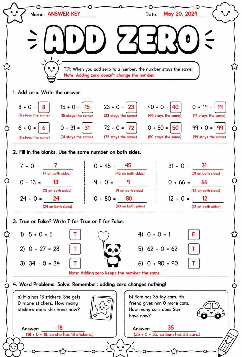 Answer key for Add zero — free printable Math worksheet