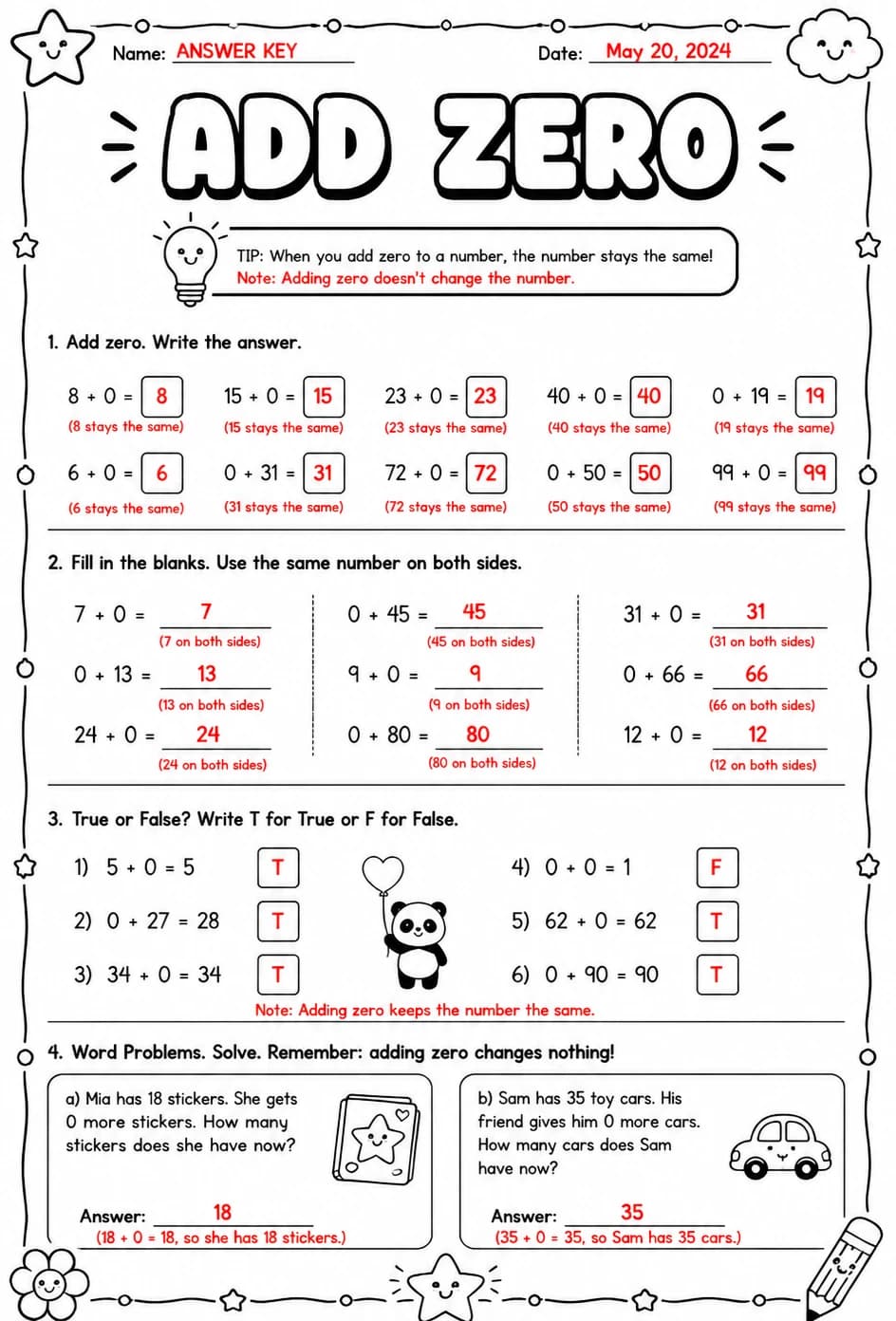 Answer key for Add zero — free printable Math worksheet