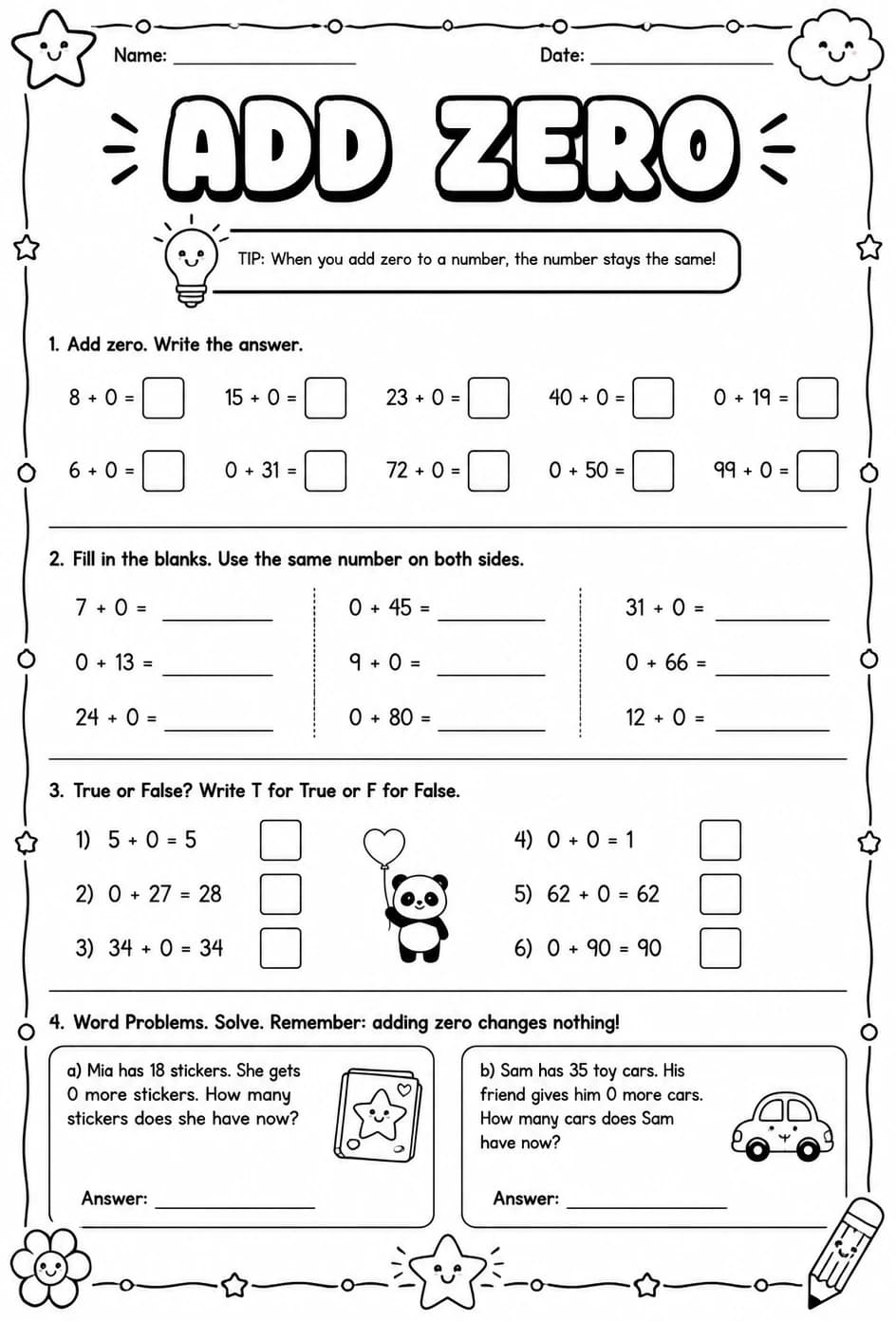 Add zero — free printable Grade 2 math worksheet