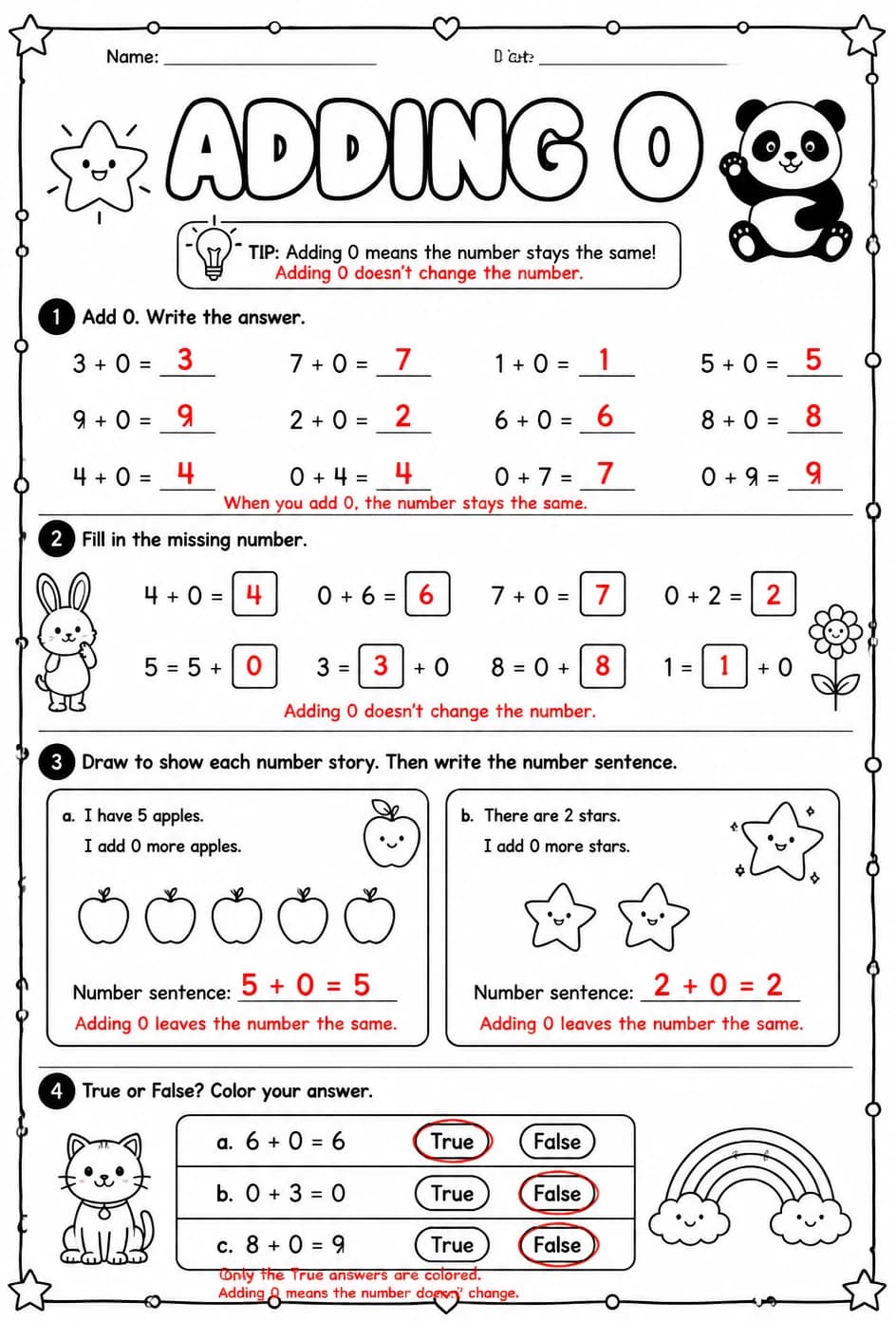 Answer key for Adding 0 — free printable Math worksheet
