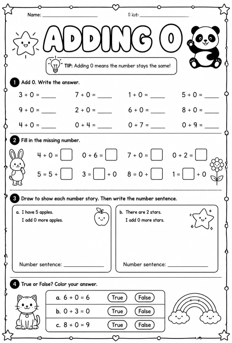 Adding 0 — free printable Grade 1 math worksheet