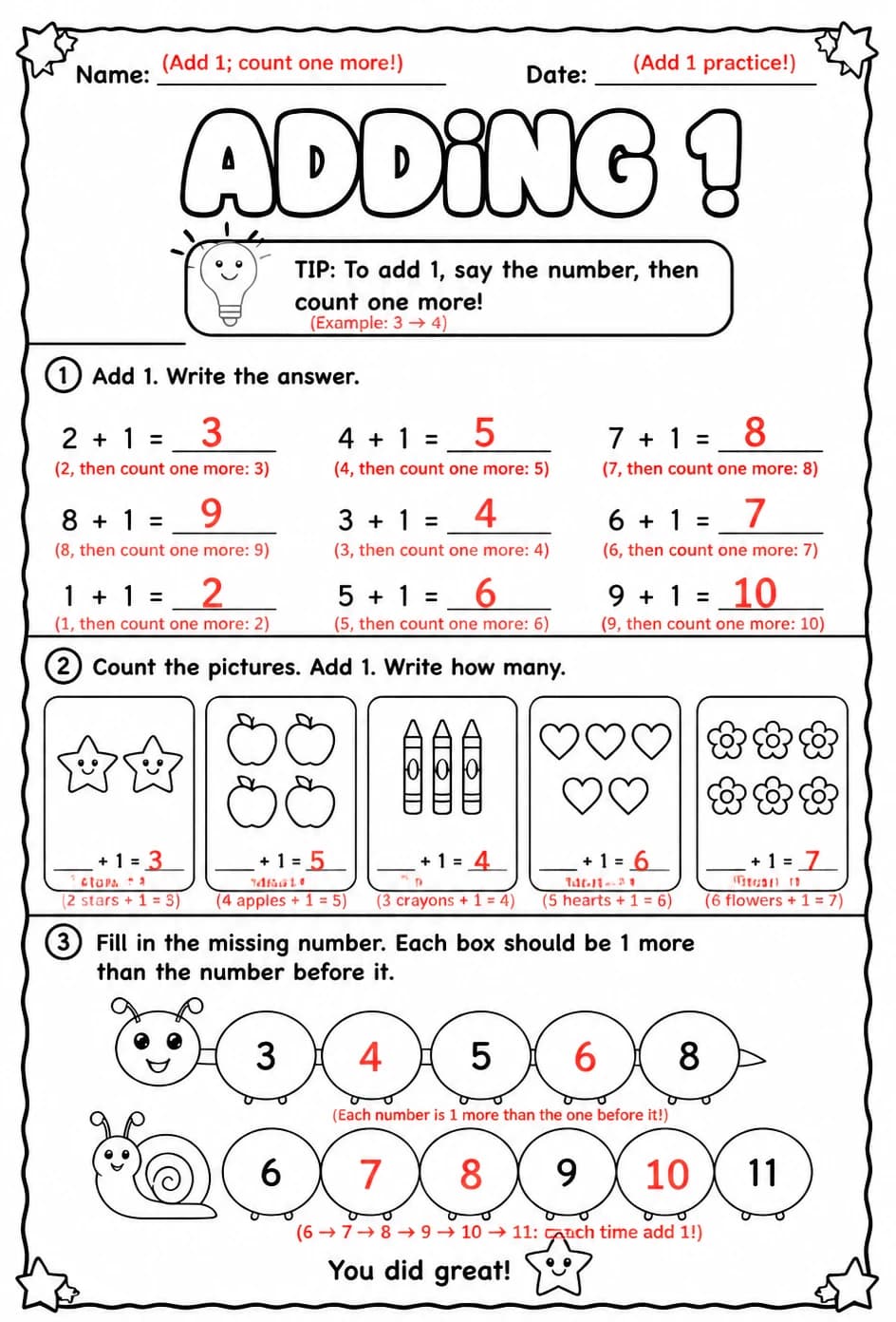 Answer key for Adding 1 — free printable Math worksheet