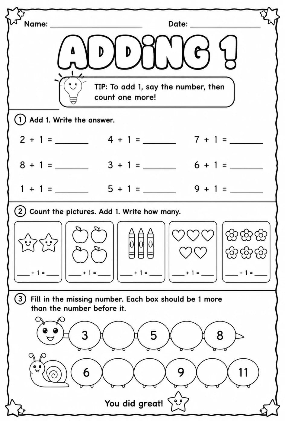 Adding 1 — free printable Grade 1 math worksheet
