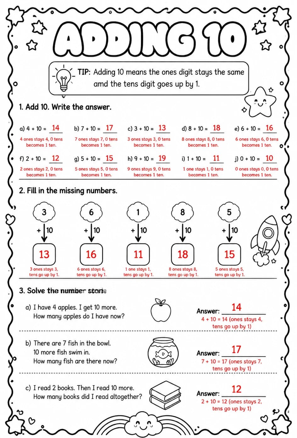 Answer key for Adding 10 — free printable Math worksheet