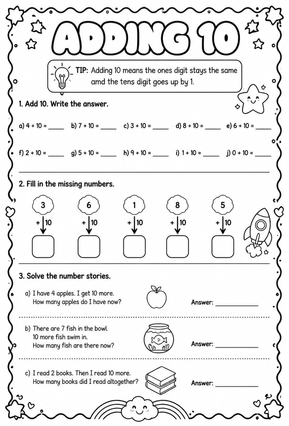 Adding 10 — free printable Grade 1 math worksheet