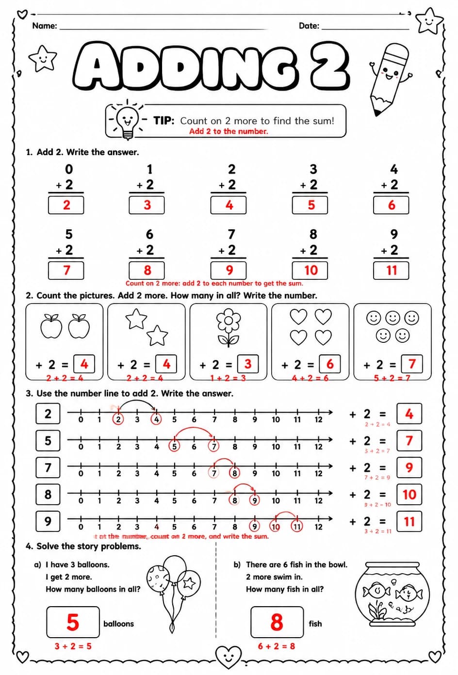 Answer key for Adding 2 — free printable Math worksheet