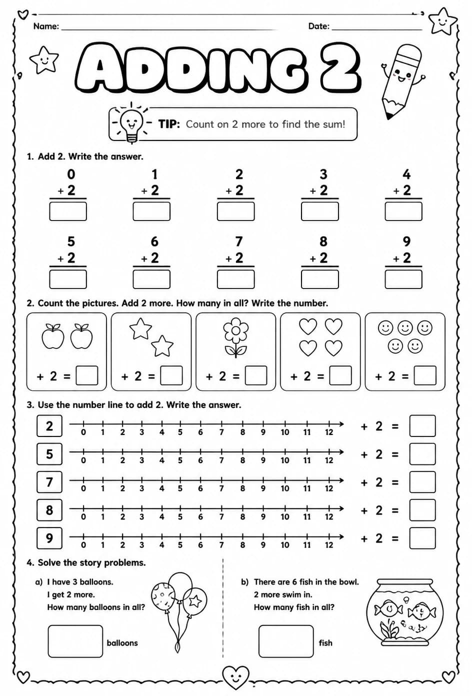 Adding 2 — free printable Grade 1 math worksheet