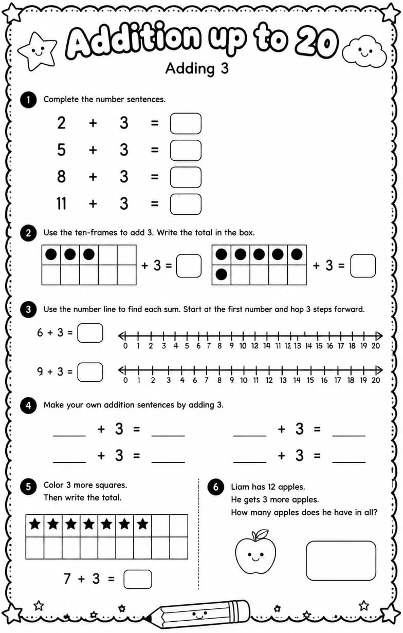 Adding 3 — free printable Grade 1 Math worksheet