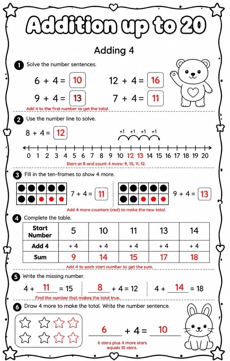 Answer key for Adding 4 — free printable Math worksheet