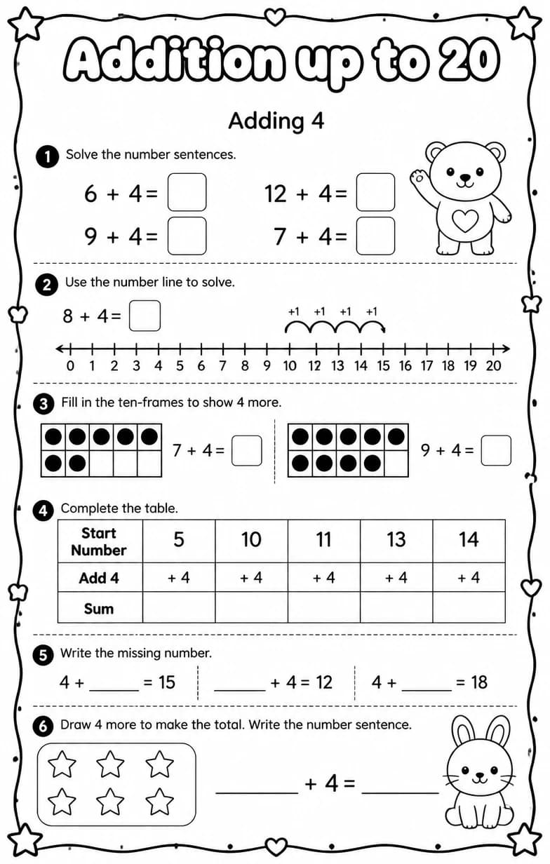Adding 4 — free printable Grade 1 Math worksheet