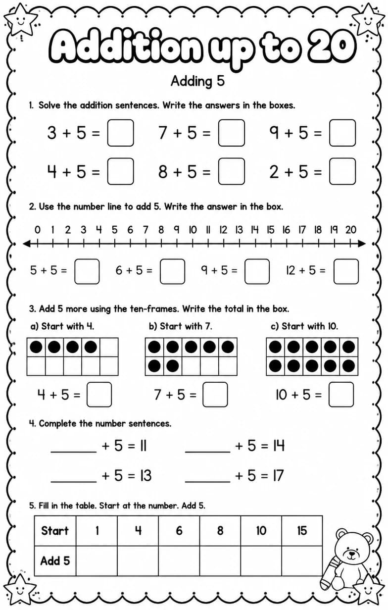 Adding 5 — free printable Grade 1 Math worksheet