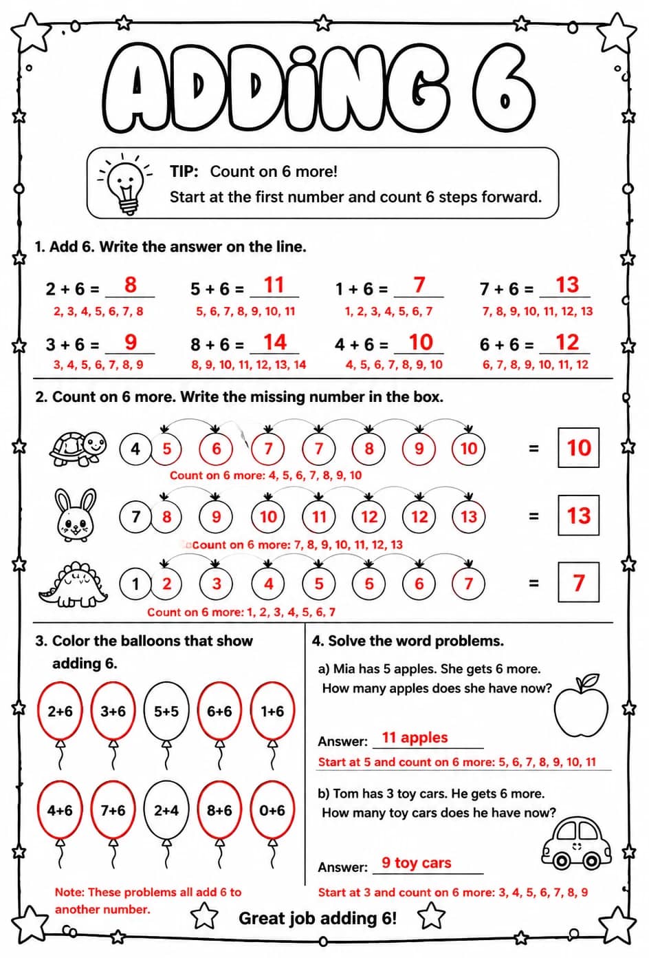 Answer key for Adding 6 — free printable Math worksheet