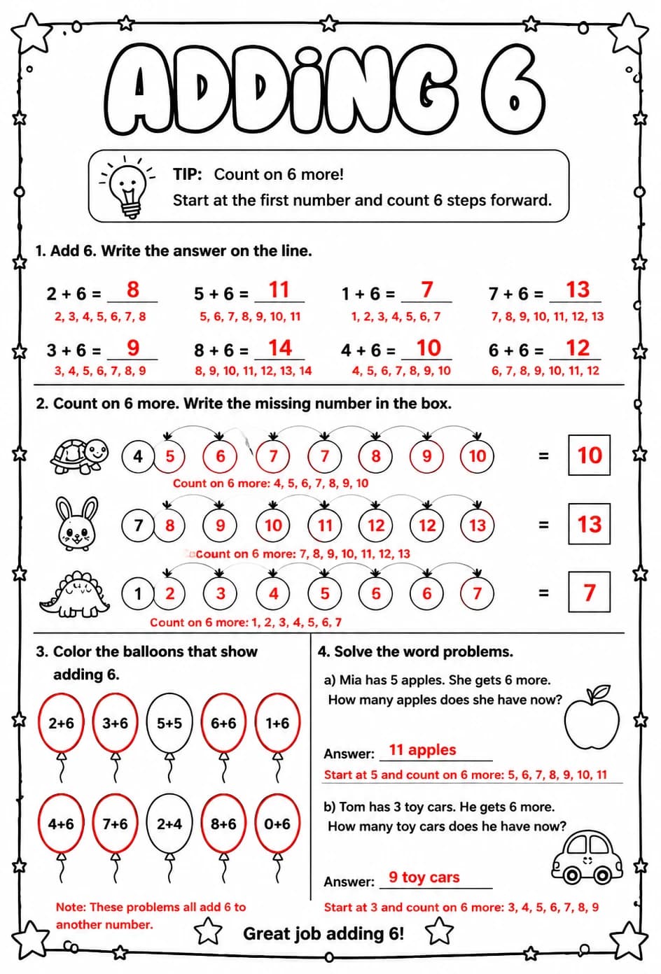 Answer key for Adding 6 — free printable Math worksheet