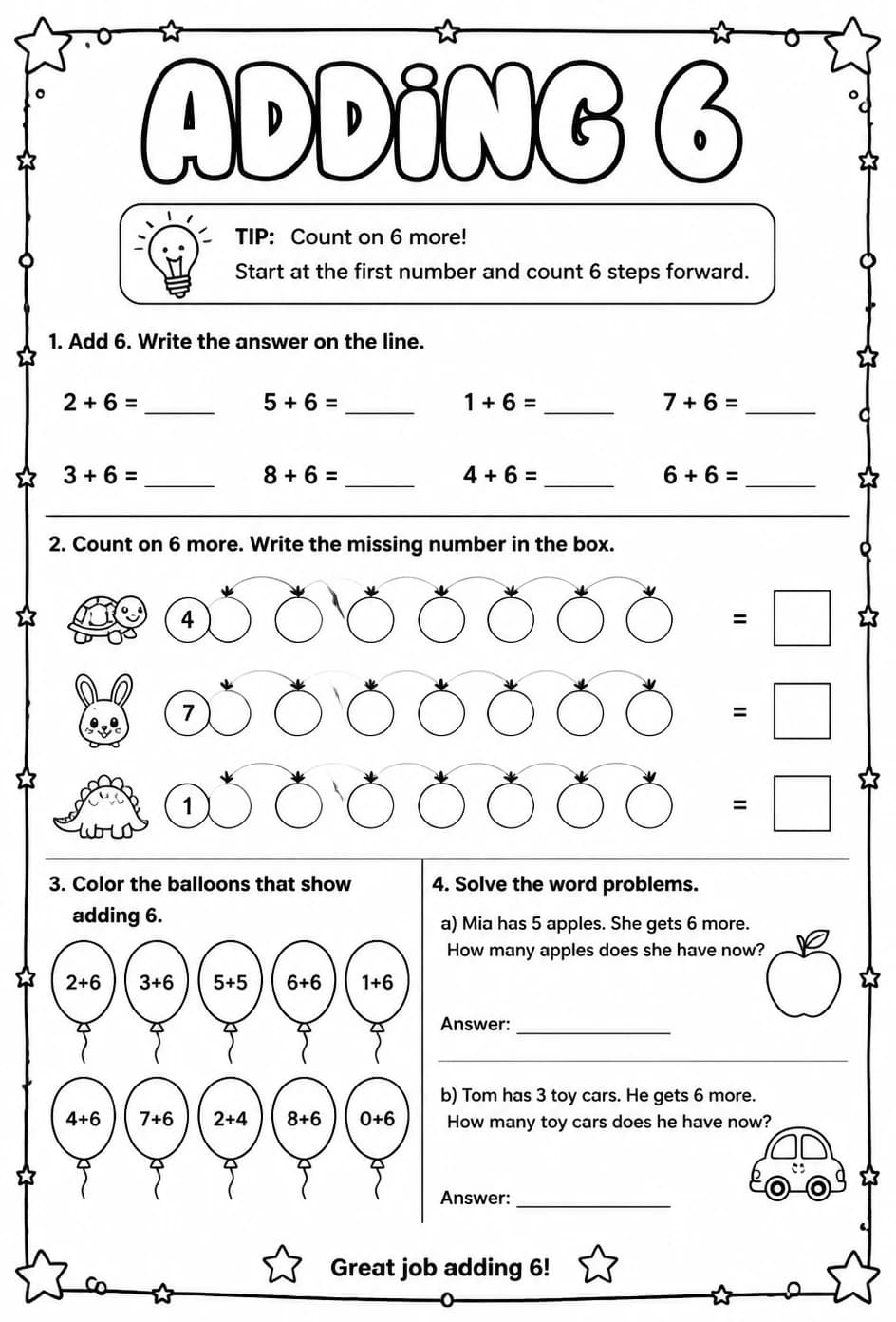 Adding 6 — free printable Grade 1 math worksheet